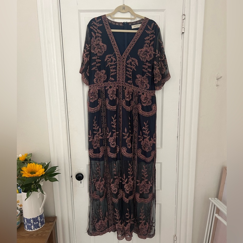 Navy Maxi Dress with colorful embroidery | Size 1X